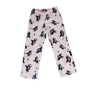 Girls M 8 White Black Pink Fleece Pug Dog Pajama Sleep Pants Elastic Waist